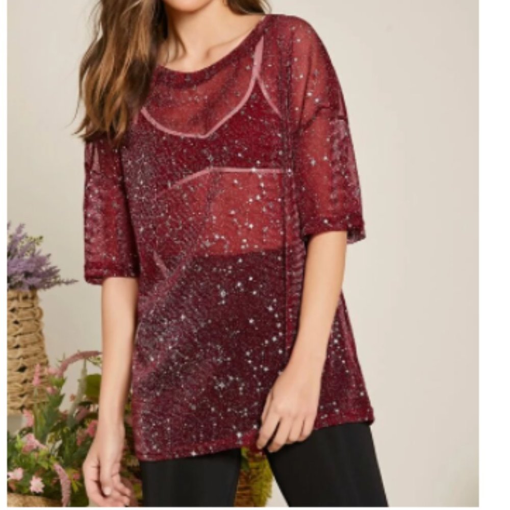 Sheer T Shirt Top w/ Metallic Stars Size Lg Like NEW! Festival Boho Punk